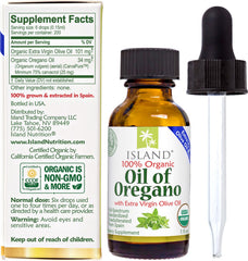 Island Nutrition oregano-olive oil blend bottle in a Mediterranean setting.
