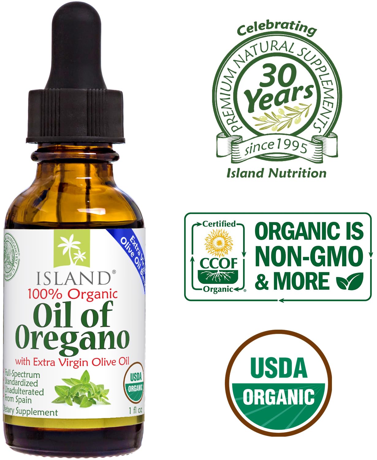 Island Nutrition Spanish-origin oregano oil bottle emphasizing premium origin.