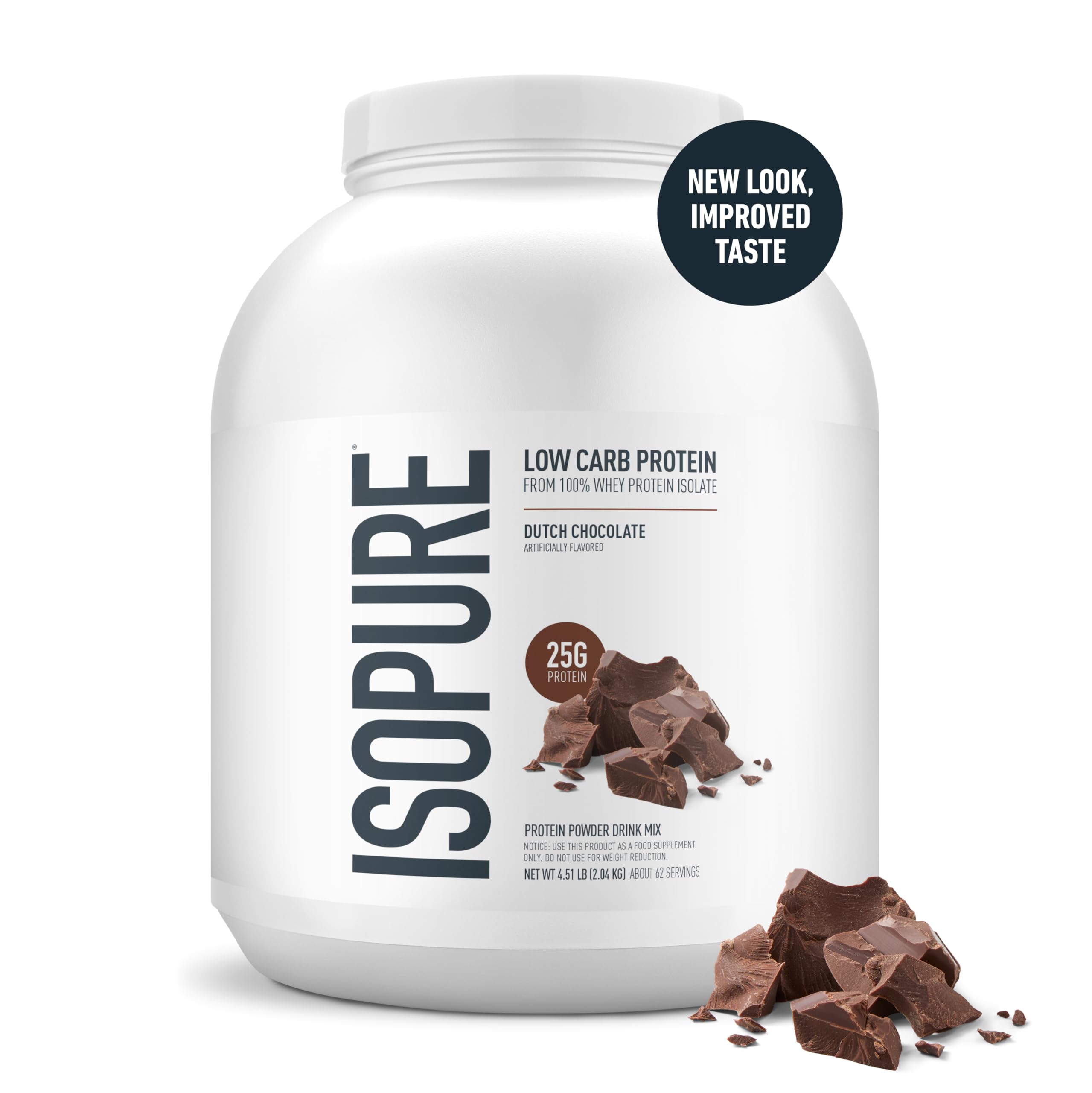 Isopure 25g whey protein isolate scoop in Dutch chocolate for shakes.