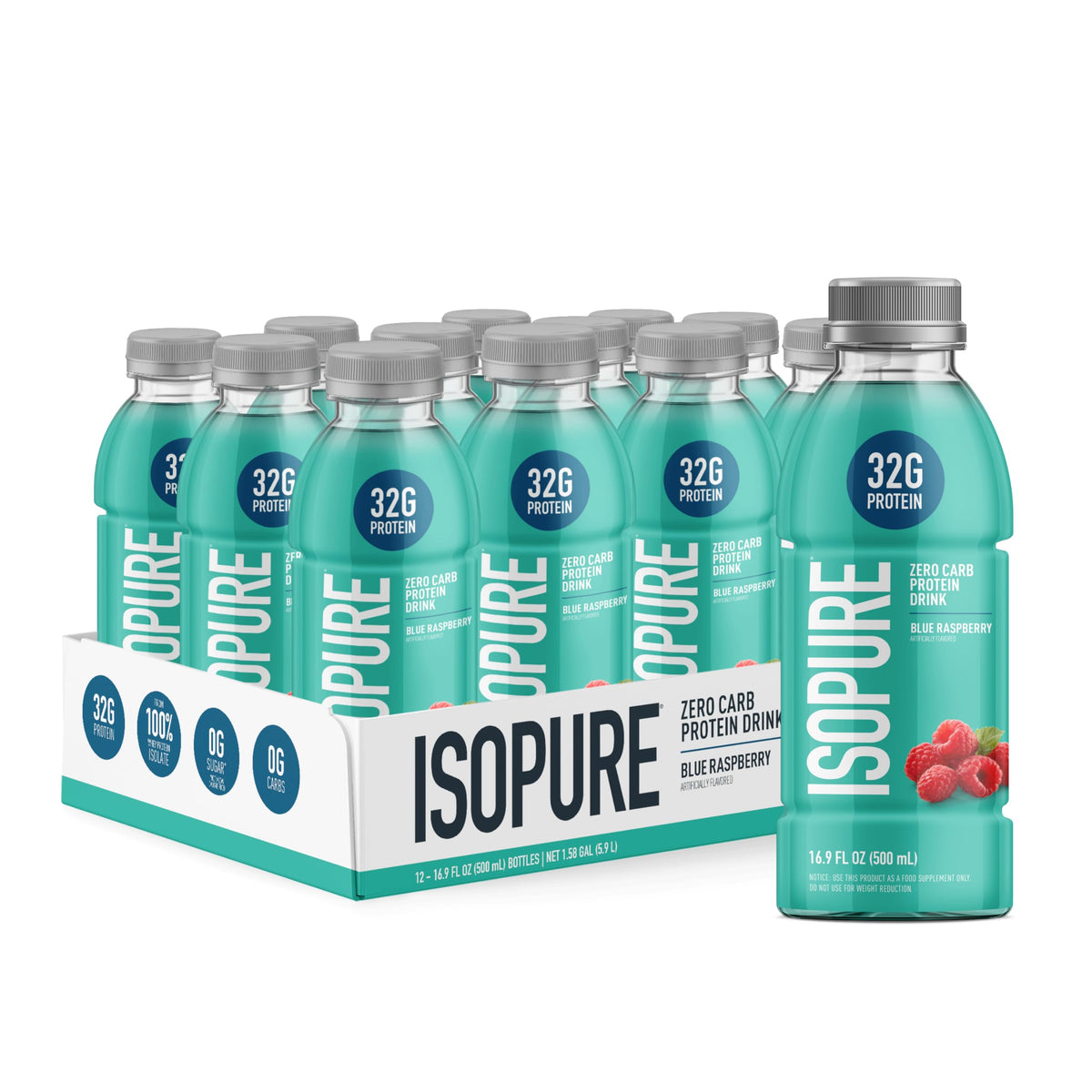 Isopure Blue Raspberry bottle ready-to-drink for post-workout refreshment.