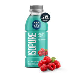 Isopure Blue Raspberry label shows 32g whey protein per bottle.