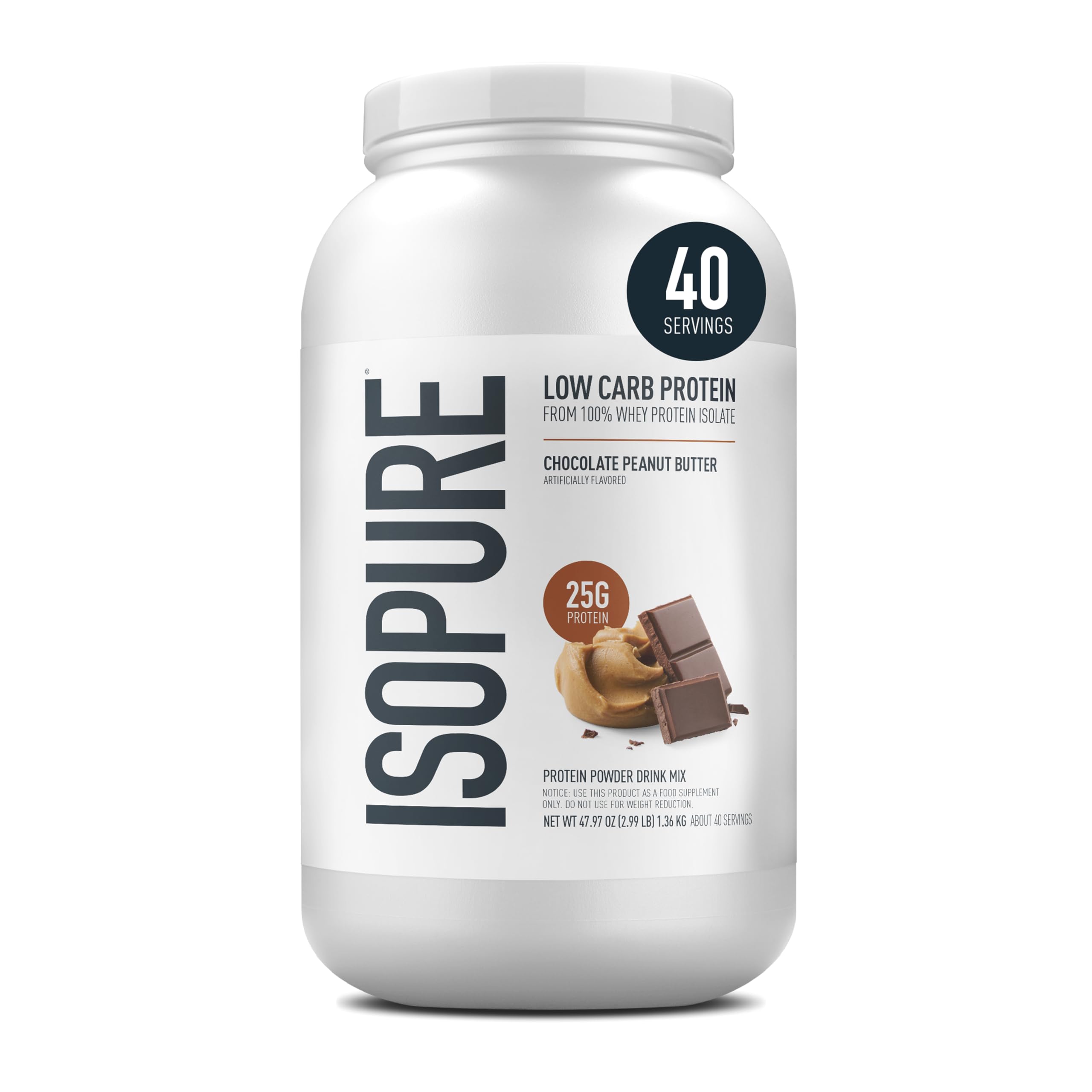 Isopure Chocolate Peanut Butter whey container shown for high-protein daily nutrition
