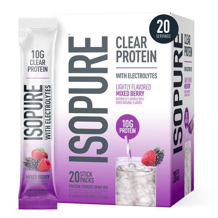 Isopure Clear Protein Stick Pack Mixed Berry in a water glass for refreshing nutrition