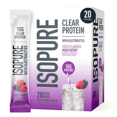 Isopure Clear Protein Stick Pack Mixed Berry in a water glass for refreshing nutrition