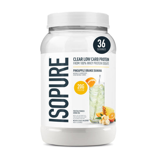 Isopure Clear Whey bottle pours a refreshing post-workout protein drink.