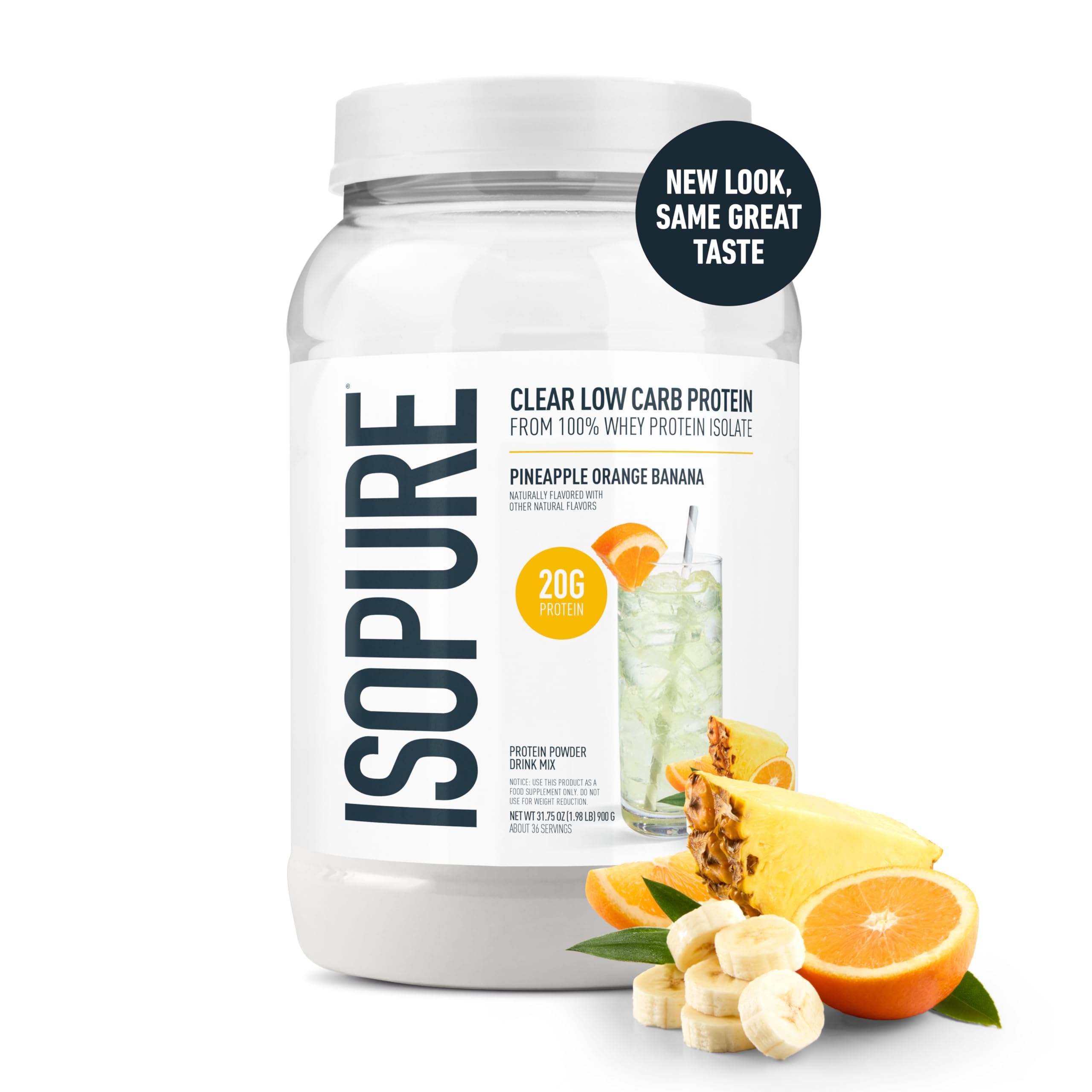 Isopure Clear Whey glass with Pineapple Orange Banana flavor for on-the-go hydration.