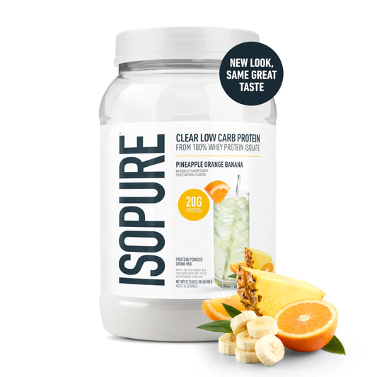 Isopure Clear Whey glass with Pineapple Orange Banana flavor for on-the-go hydration.