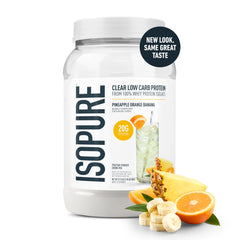Isopure Clear Whey glass with Pineapple Orange Banana flavor for on-the-go hydration.