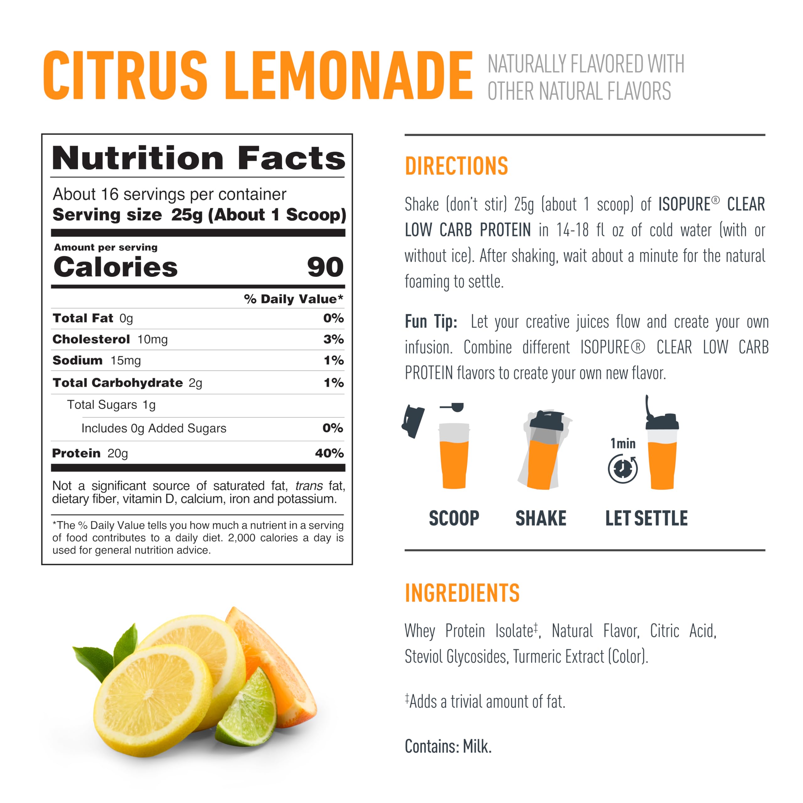 Isopure Clear Whey Isolate gluten-free label – suitable for gluten-sensitive diets.
