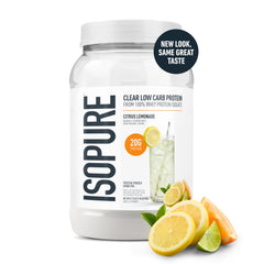 Isopure Clear Whey Isolate Lemonade glass with ice, light hydration and flavor.