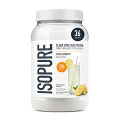 Isopure Clear Whey Isolate Lemonade pour, refreshing post-workout protein drink.
