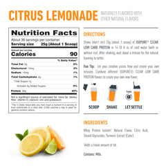 Isopure Clear Whey Isolate nutrition panel, clear protein information for shoppers.