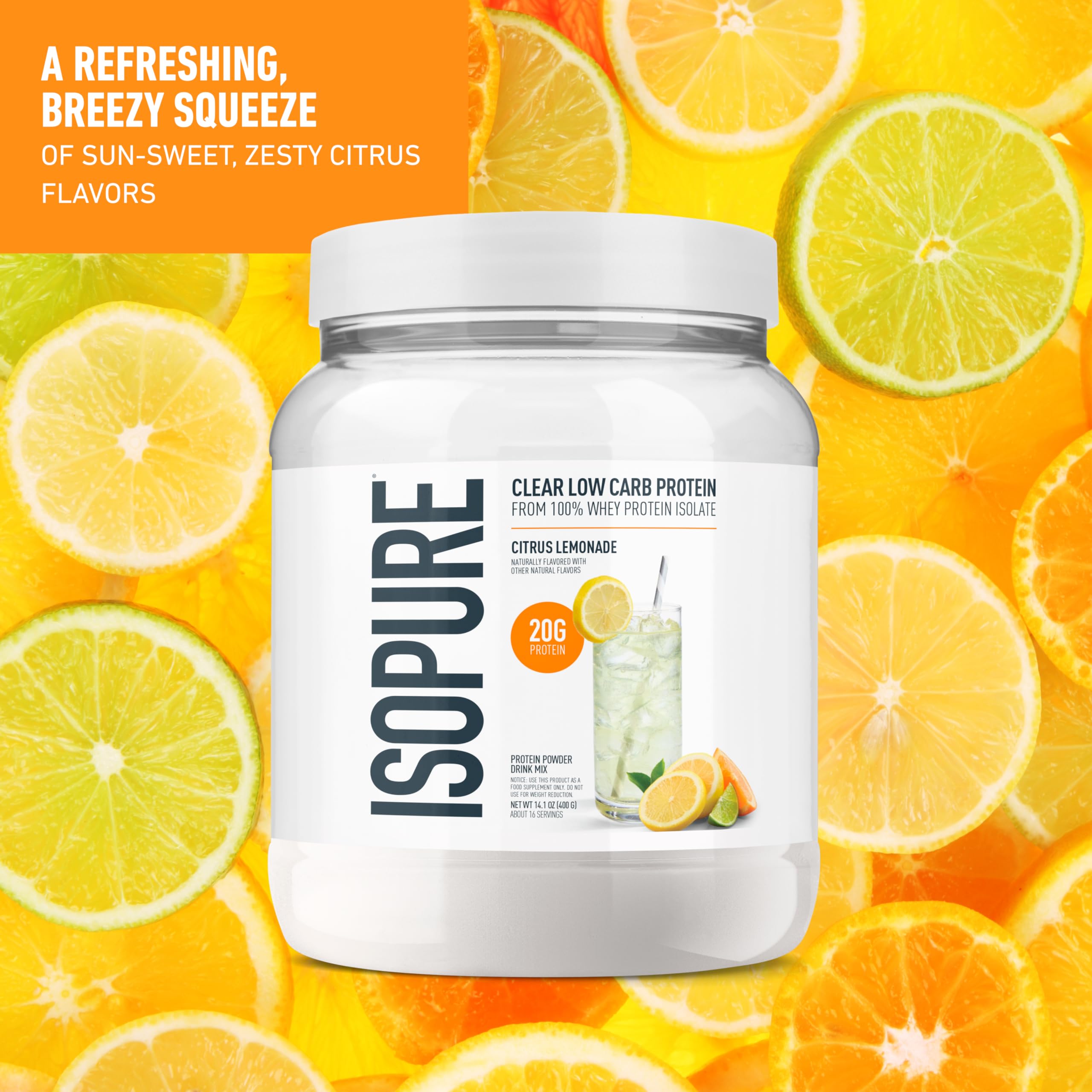 Isopure Clear Whey Isolate packaging – gluten-free formulation with simple ingredients.