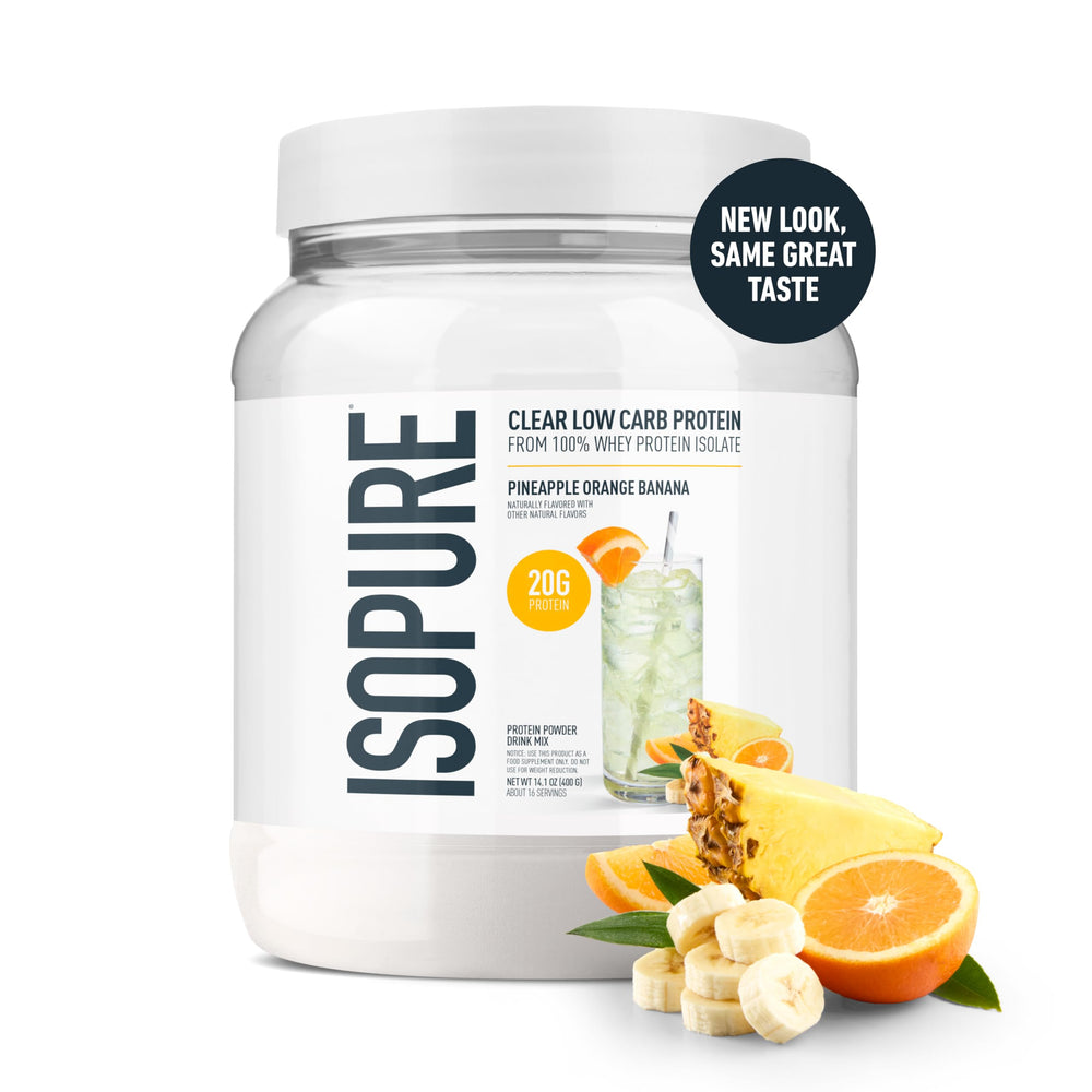Glass of Isopure Clear Whey Isolate pineapple-orange-banana flavor for a refreshing protein drink.