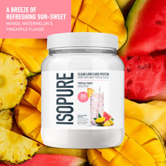 Isopure Clear Whey Isolate protein powder jar showing five-ingredient formula.