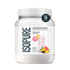 Isopure Clear Whey Isolate Tropical Punch bottle for refreshing hydration.