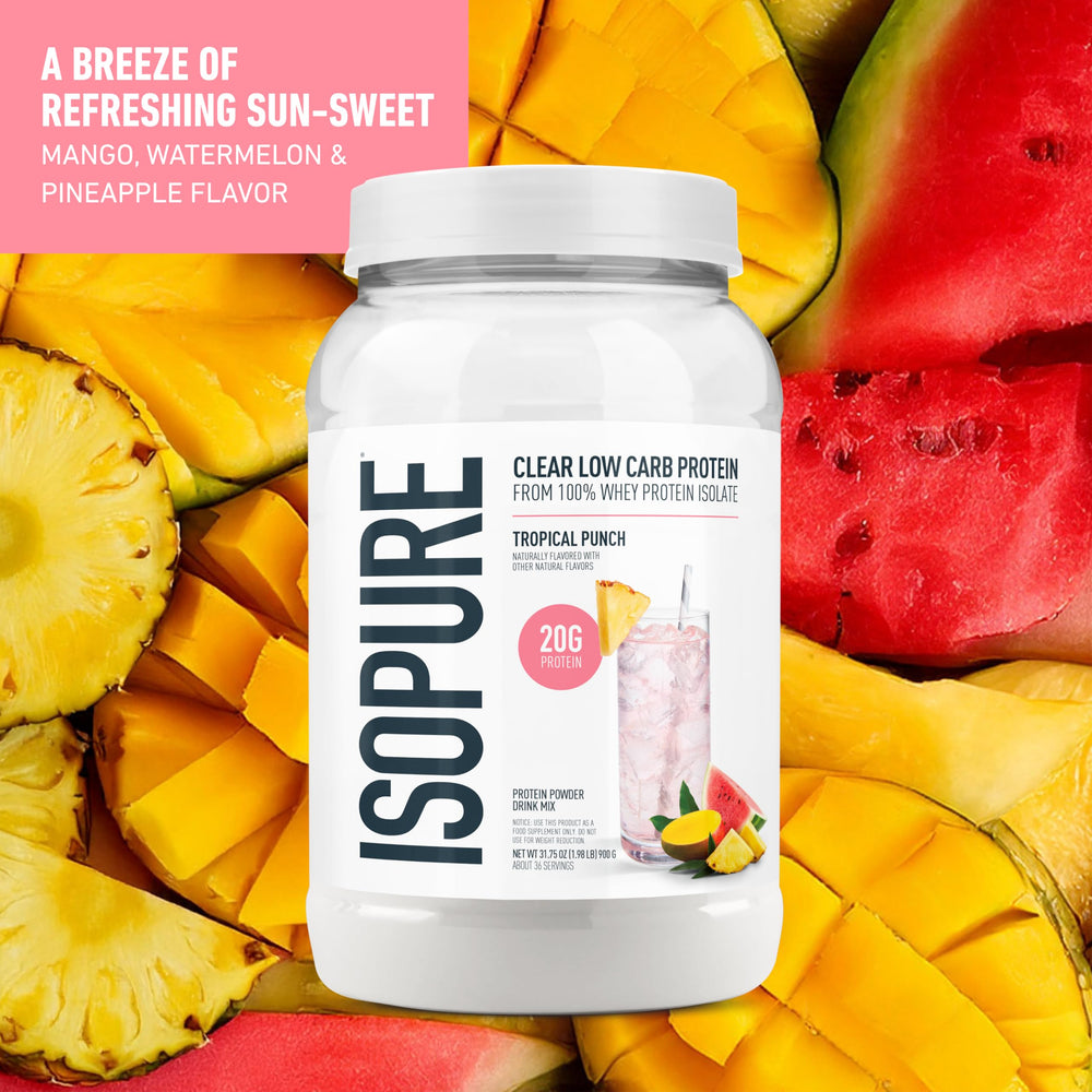 Isopure Clear Whey Isolate Tropical Punch glass of prepared drink showcasing refreshing, fruity flavor