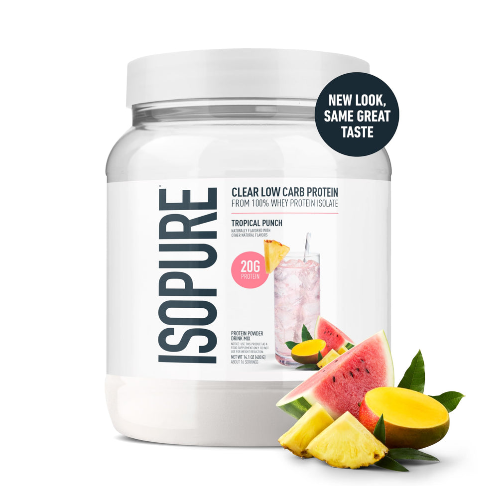 Isopure Clear Whey Isolate Tropical Punch being poured into a glass.