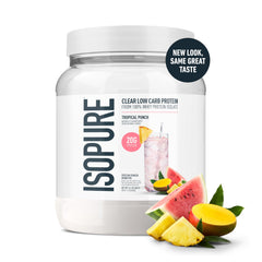 Isopure Clear Whey Isolate Tropical Punch being poured into a glass.