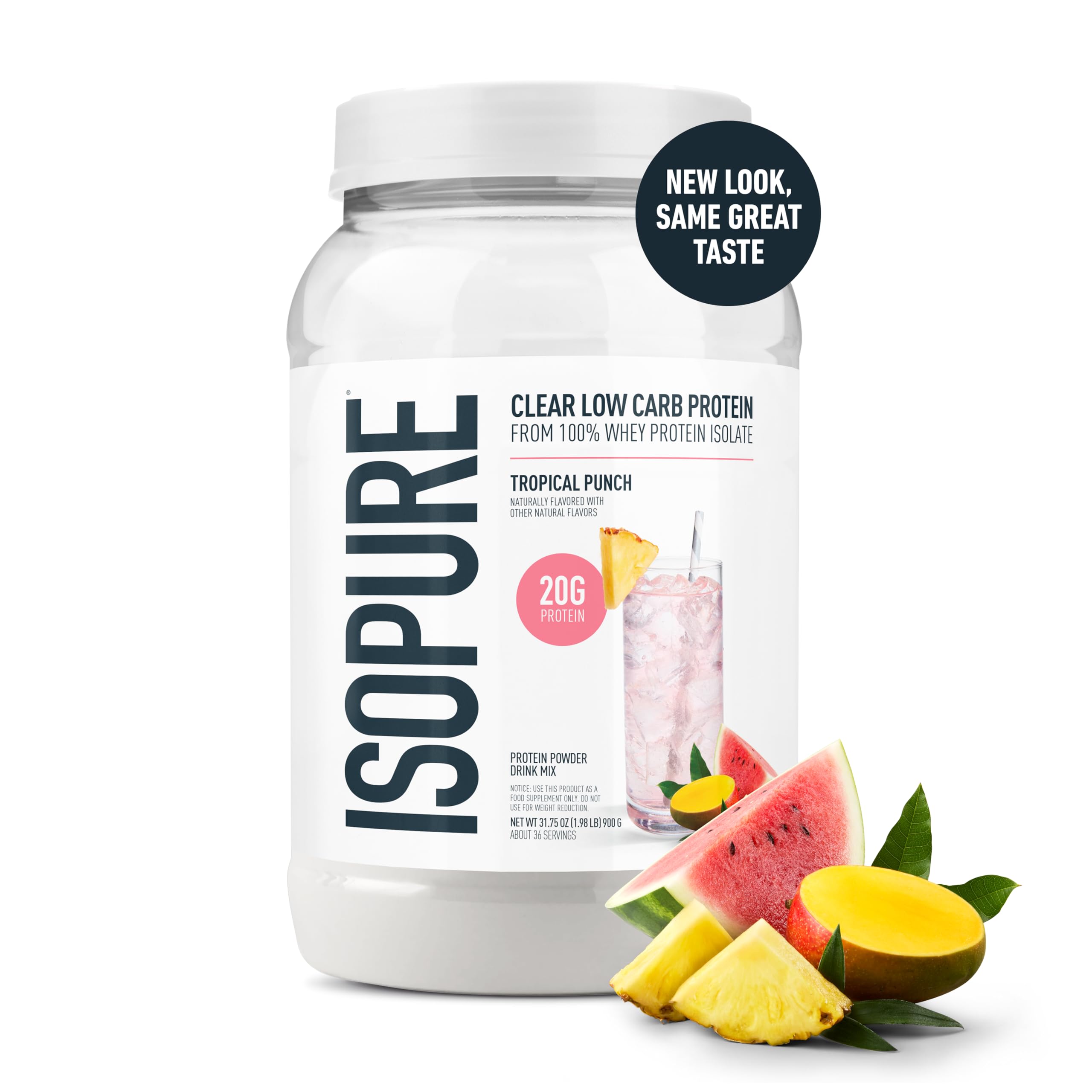 Isopure Clear Whey Isolate Tropical Punch scoop next to powder for quick, ready-to-mix protein on the go