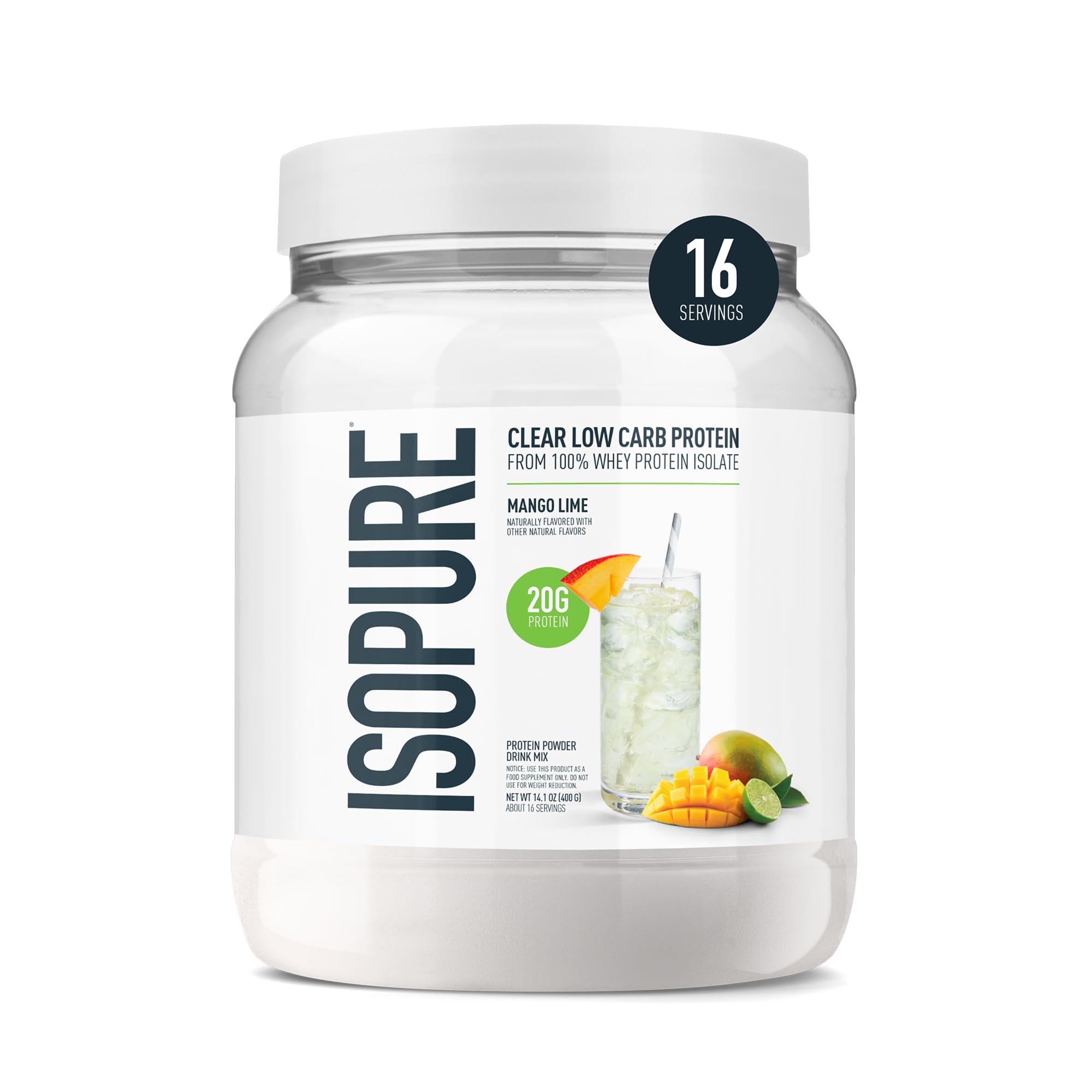 Isopure Clear Whey Mango Lime bottle showing refreshing protein sip.