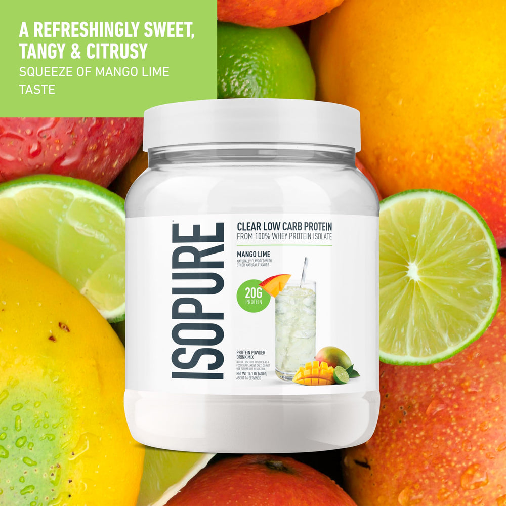 Isopure Mango Lime in glass highlights a light protein drink.