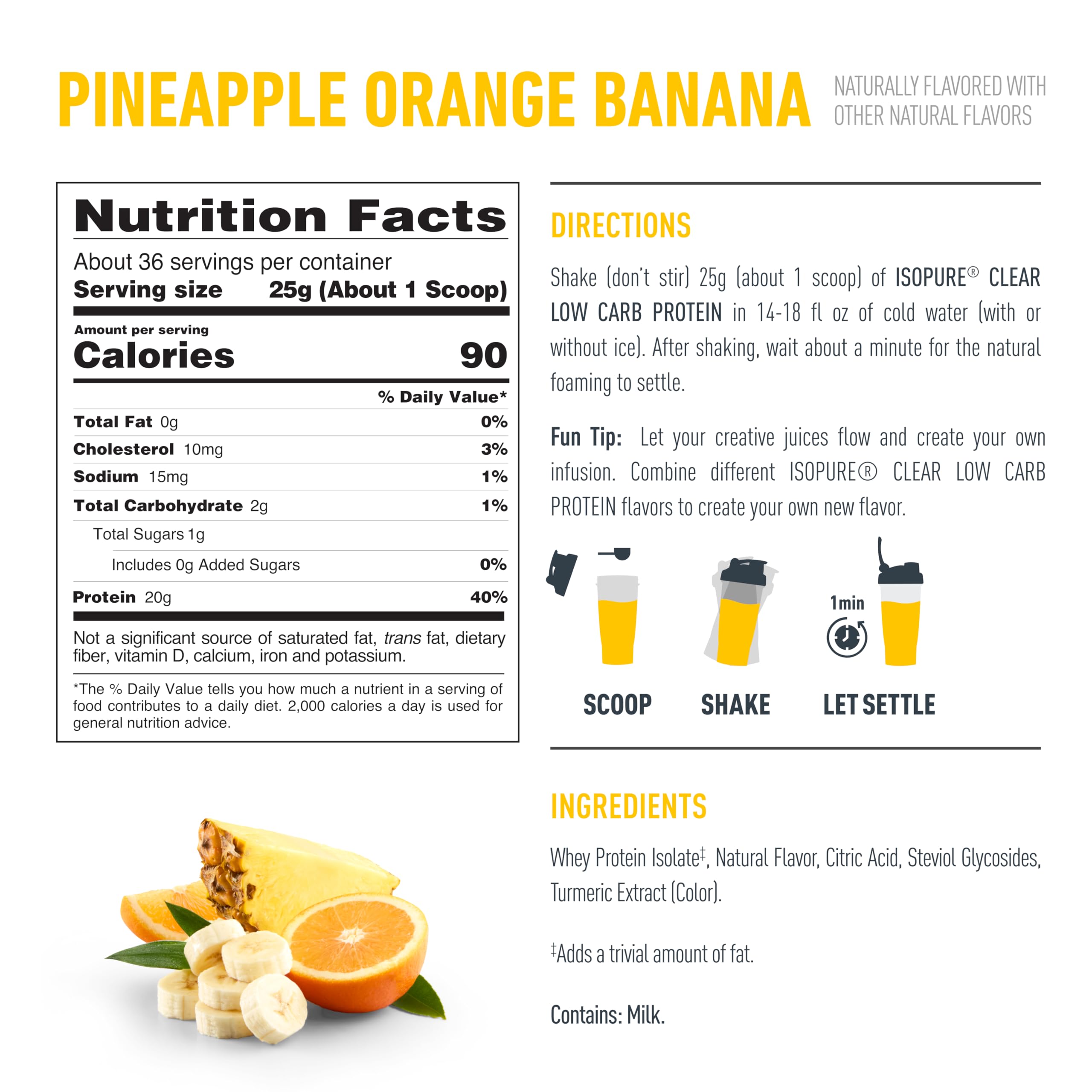 Isopure Clear Whey scoop beside ingredients emphasizes a simple five-ingredient formula.