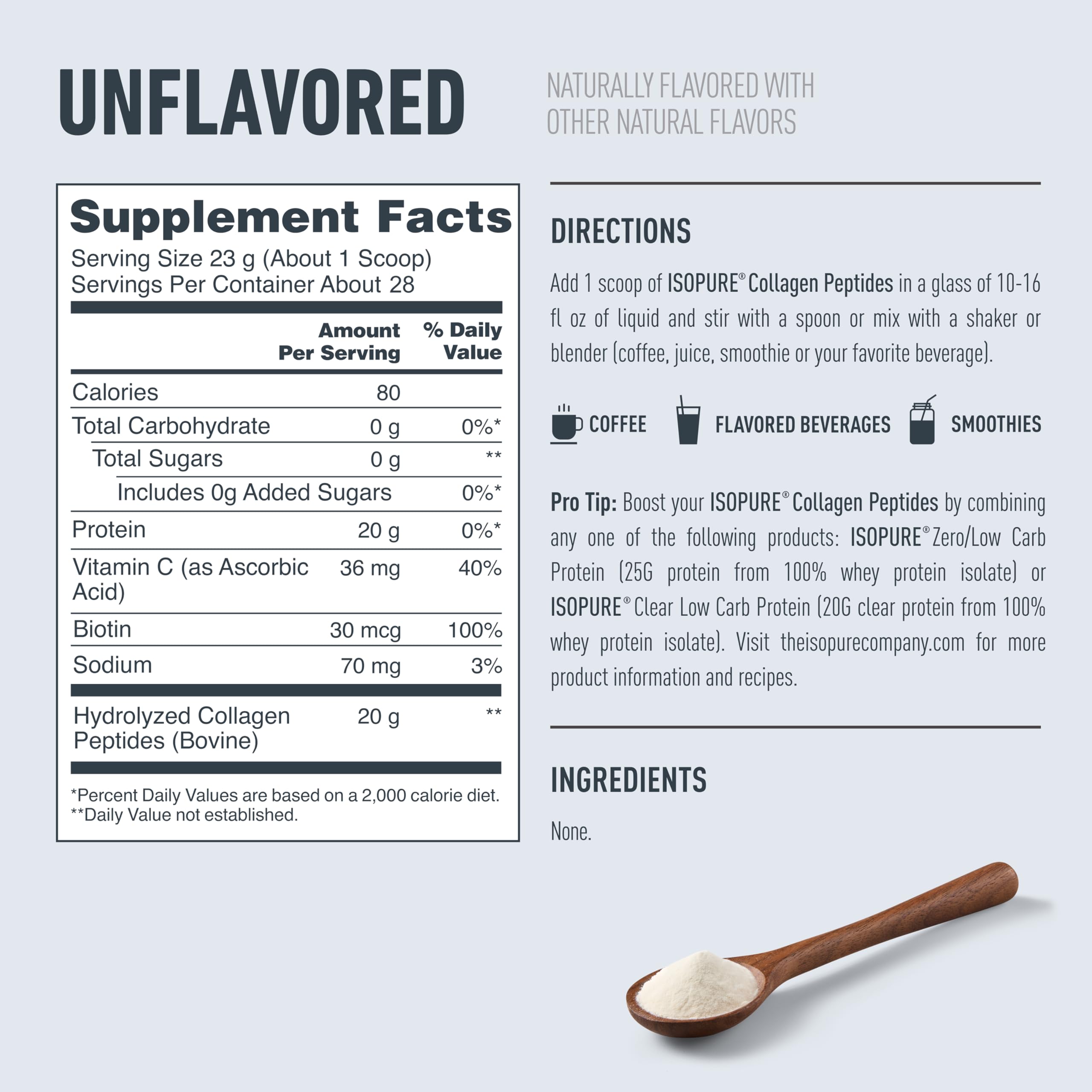 Isopure Collagen Peptides label closeup shows ingredients and sugar-free promise.