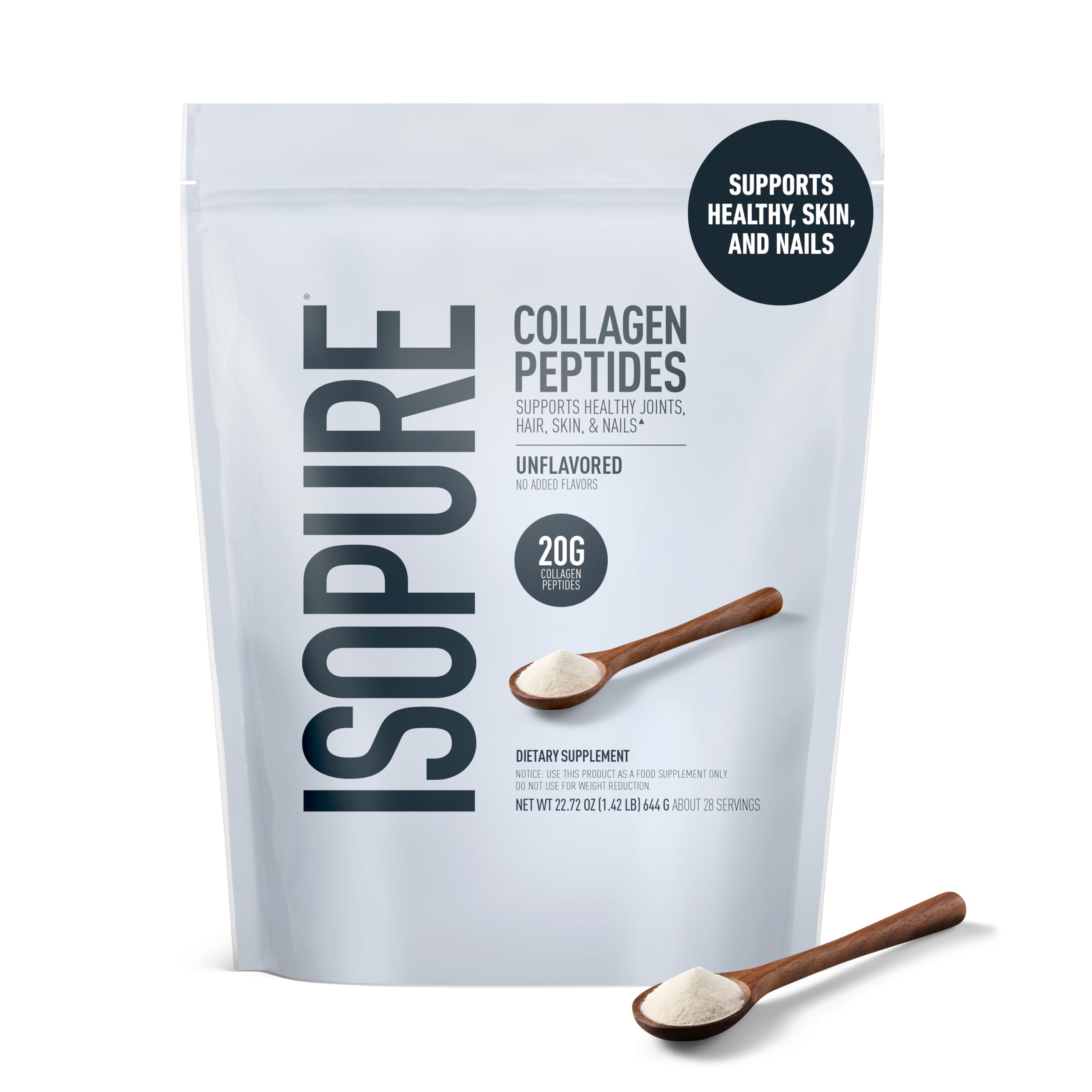 Isopure Collagen Peptides scoop ready to measure 20g per serving for consistent daily use.