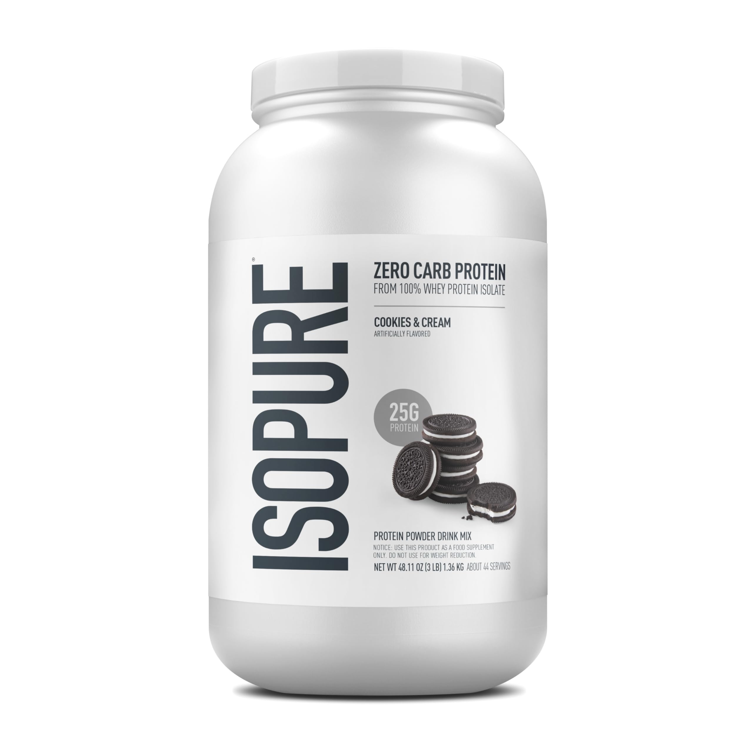 Isopure Cookies & Cream whey powder tub for post-workout shakes.