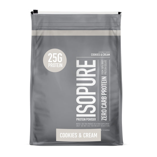 Isopure Cookies & Cream tub closeup showing 25 g protein per serving.
