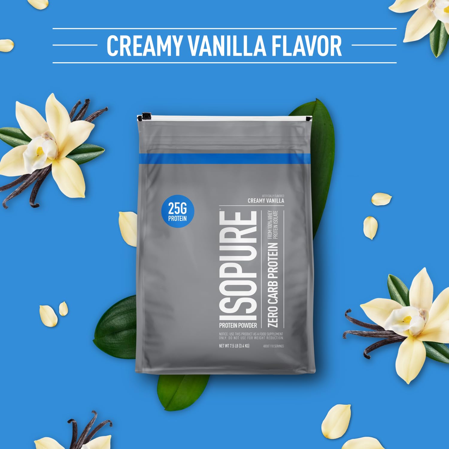 Isopure label close-up highlighting 25 g whey isolate per serving.