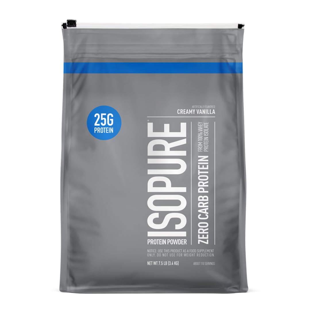 Isopure Creamy Vanilla container showcasing zero sugar and high protein.