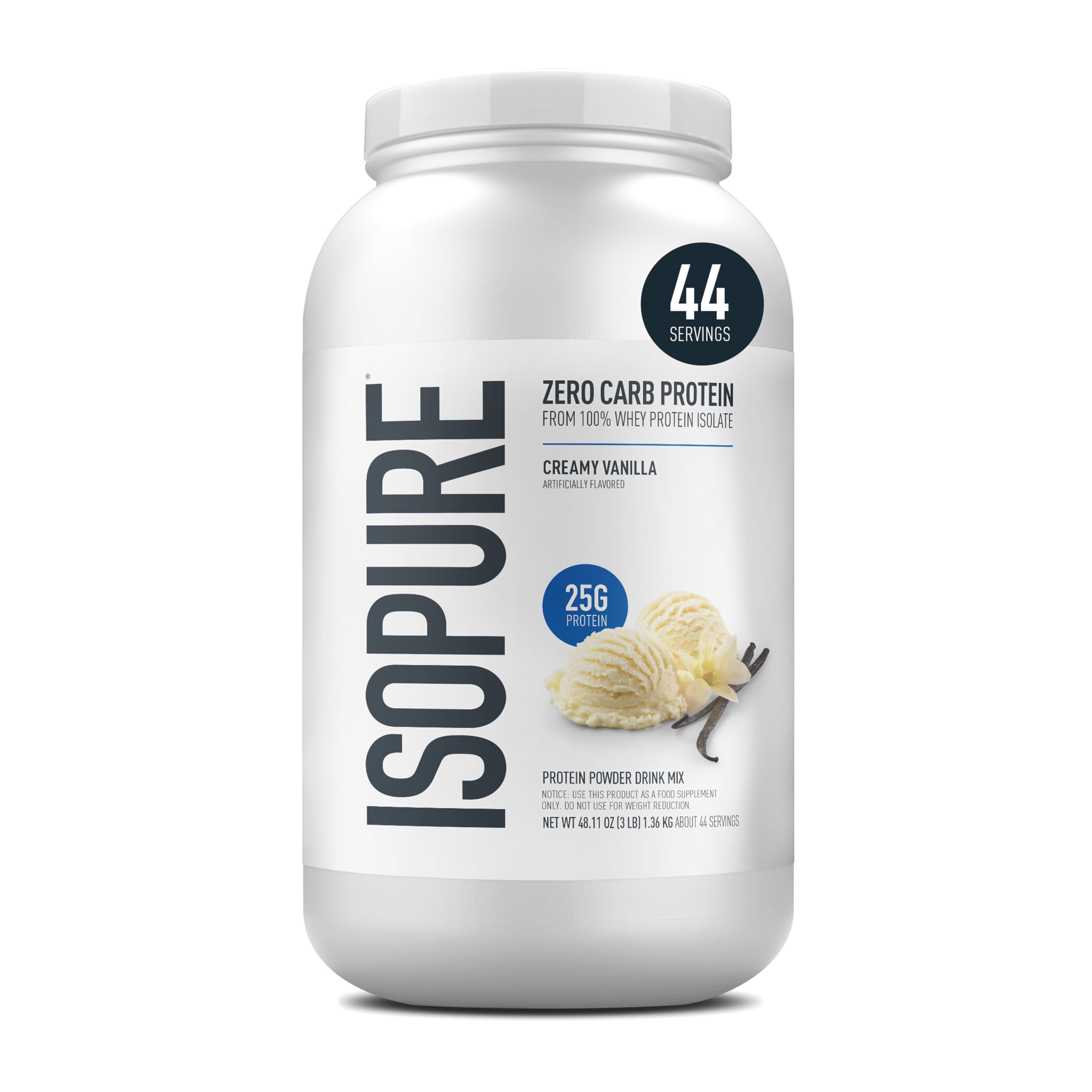 Isopure creamy vanilla tub front showing zero carb protein powder for shakes