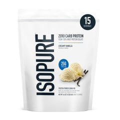 Isopure Creamy Vanilla whey protein powder jar shows smooth texture and premium quality.
