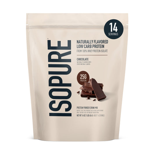 Isopure Dark Chocolate bag with whey protein powder for everyday high-protein meals.