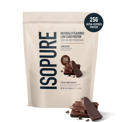 Isopure Dark Chocolate scoop highlighting 25g protein per serving.