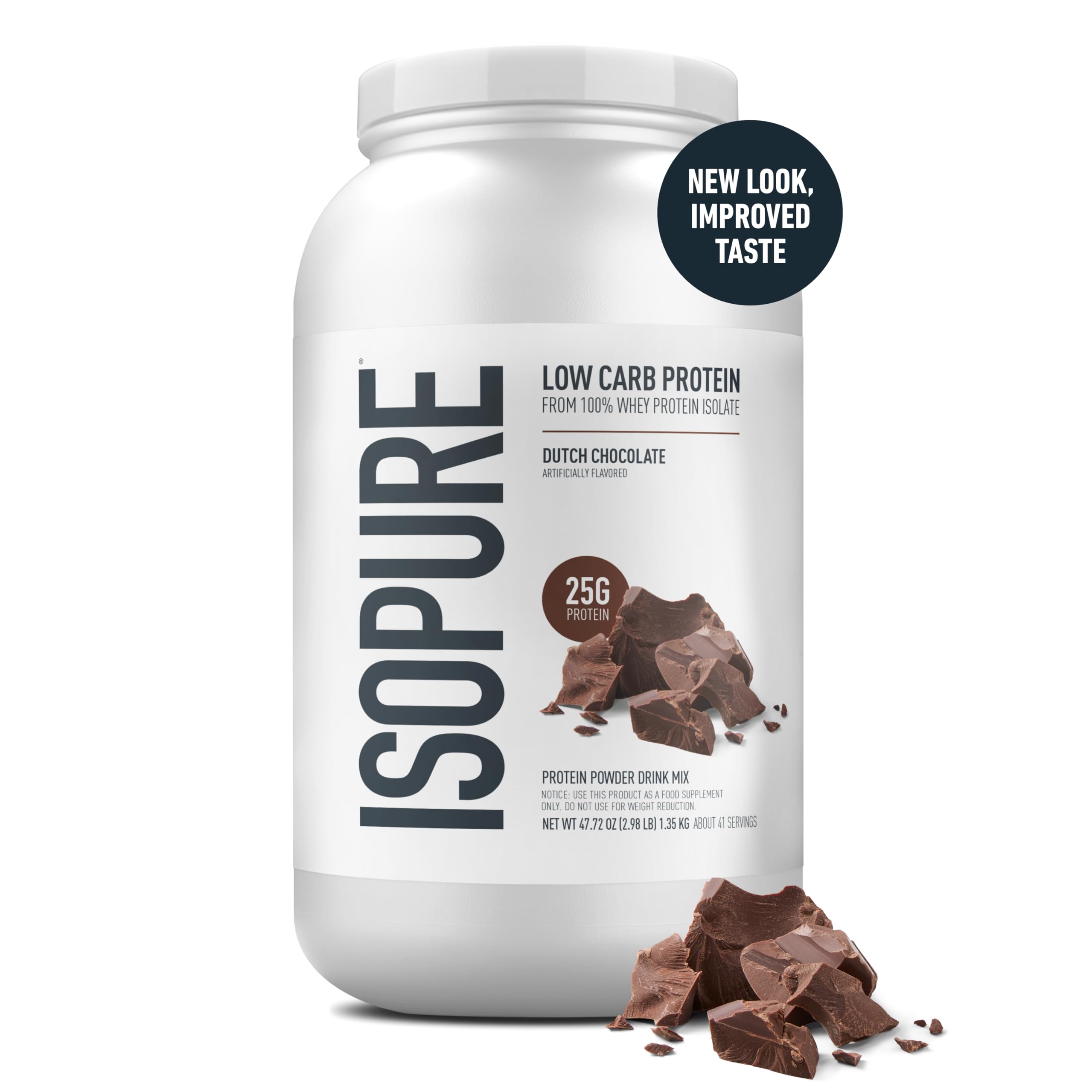 Isopure Dutch Chocolate scoop blending into a shake for easy protein.