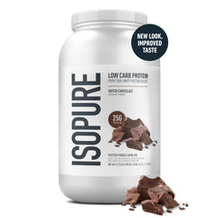 Isopure Dutch Chocolate scoop blending into a shake for easy protein.
