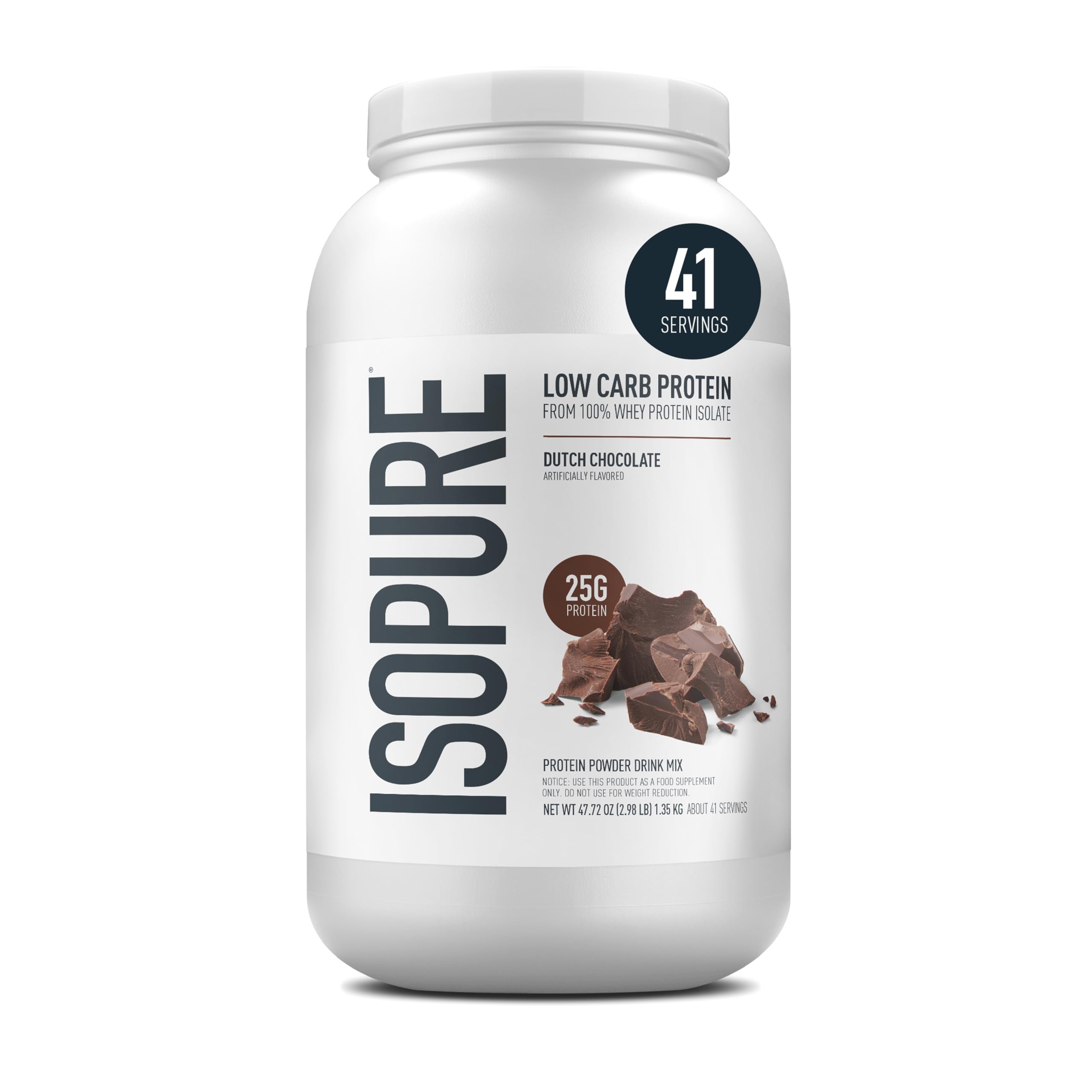 Isopure Dutch Chocolate tub showing 25g protein per serving.