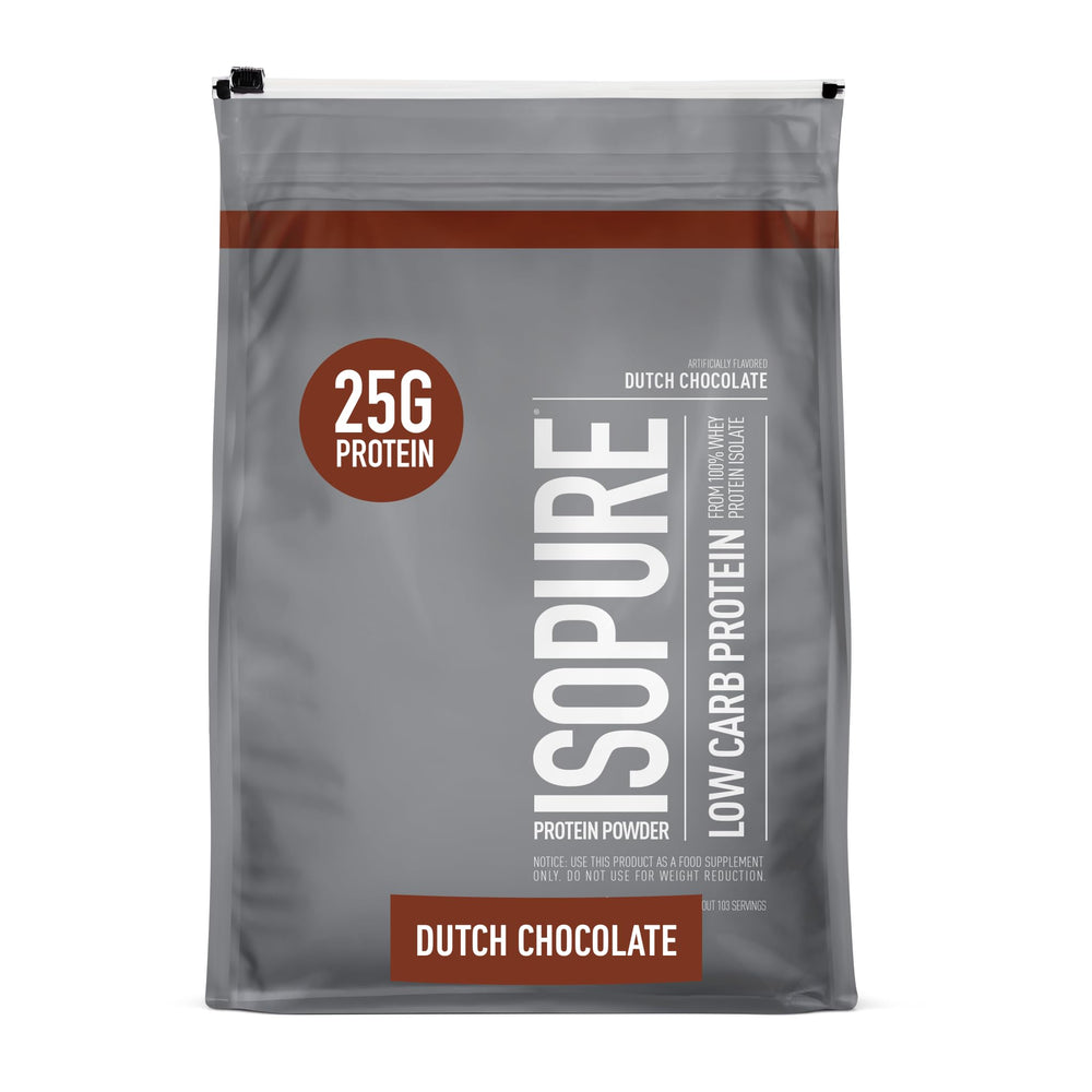 Isopure Dutch Chocolate whey isolate tub with 25g protein per serving.