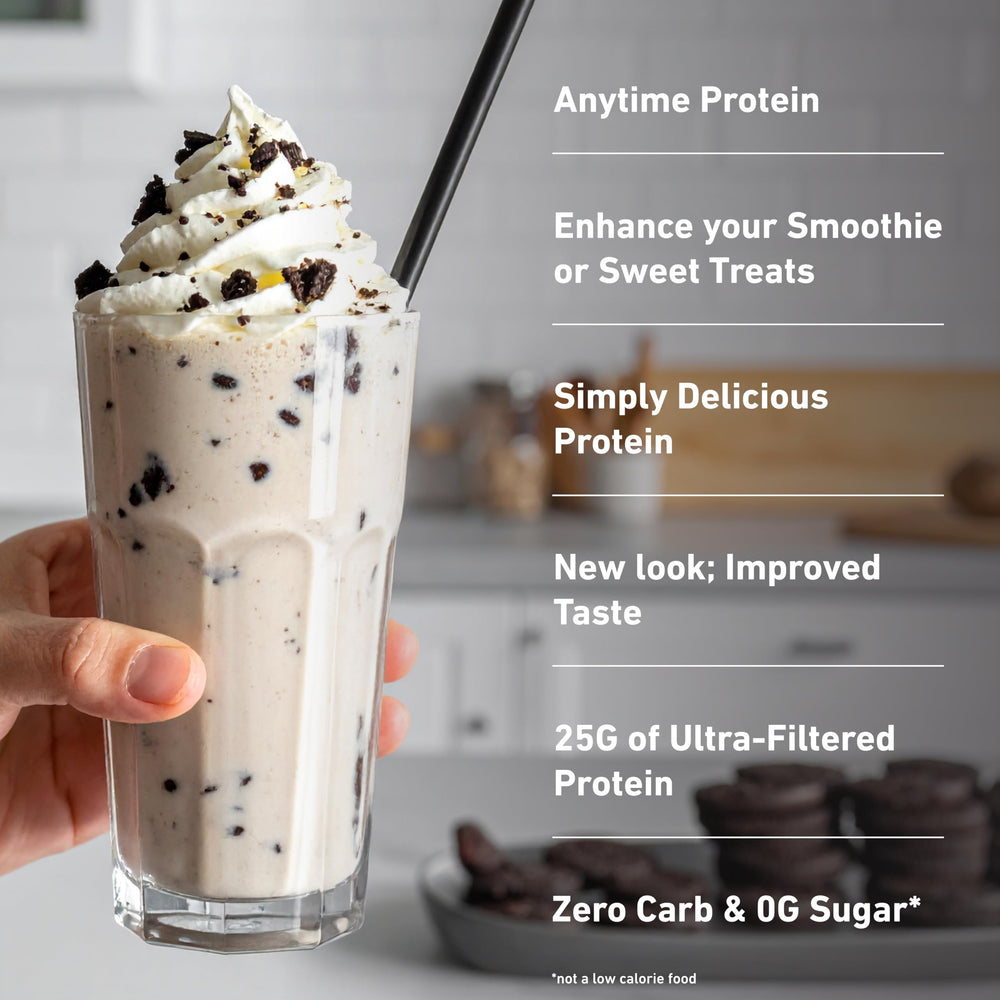 Isopure Cookies & Cream shake poured into glass shows smooth texture.