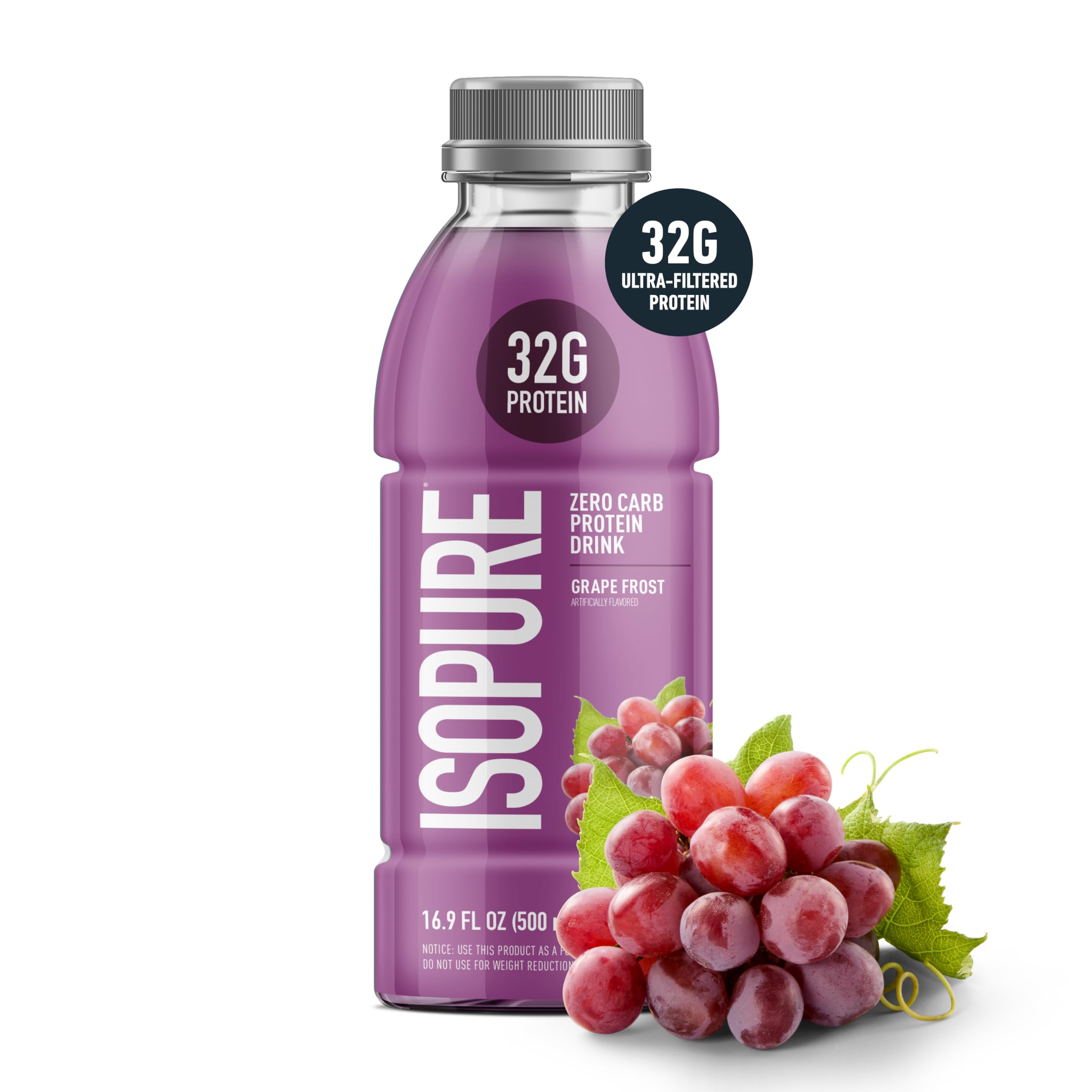 Isopure Grape Frost bottle pour demonstrates quick high-protein post-workout refreshment.