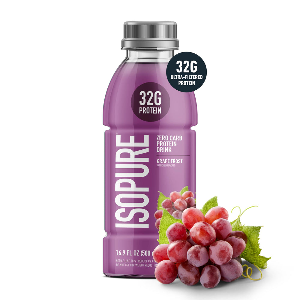 Isopure Grape Frost bottle pour demonstrates quick high-protein post-workout refreshment.