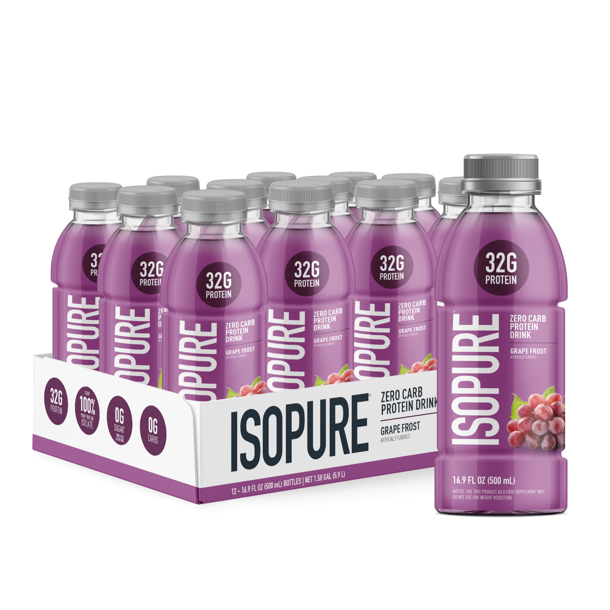 Isopure Grape Frost bottle shows clear protein for on-the-go use.