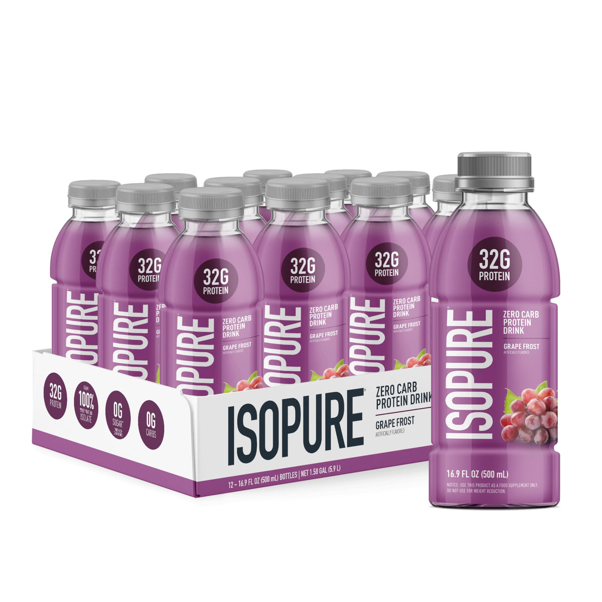 Isopure Grape Frost bottle shows clear protein for on-the-go use.