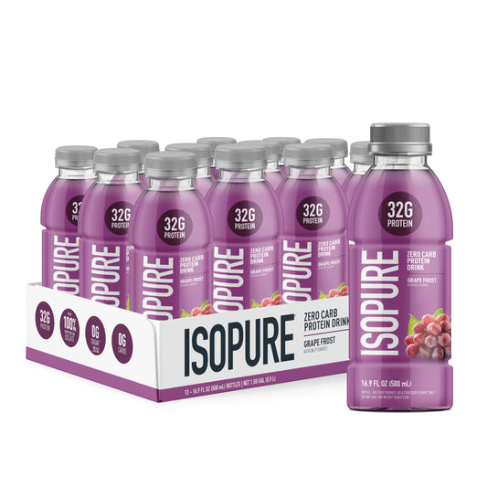 Isopure Grape Frost bottle shows clear protein for on-the-go use.