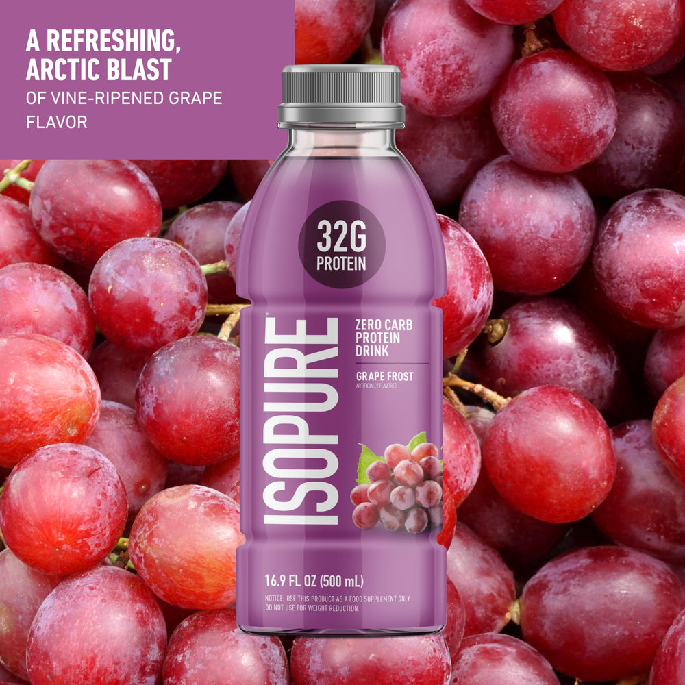 Isopure Grape Frost closeup highlights zero sugar and clear taste.