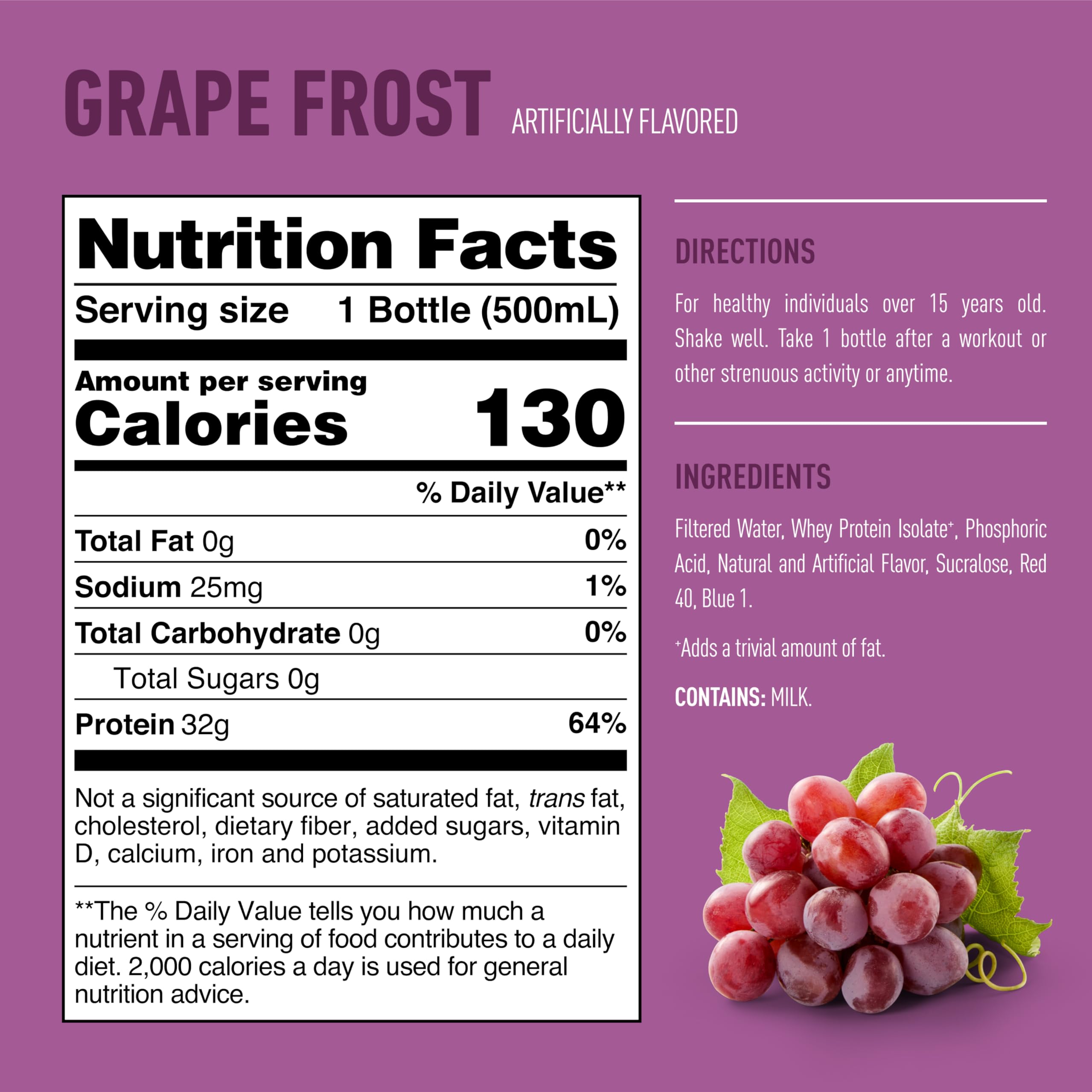 Isopure Grape Frost nutrition panel shows 32 g protein per bottle and zero fat.