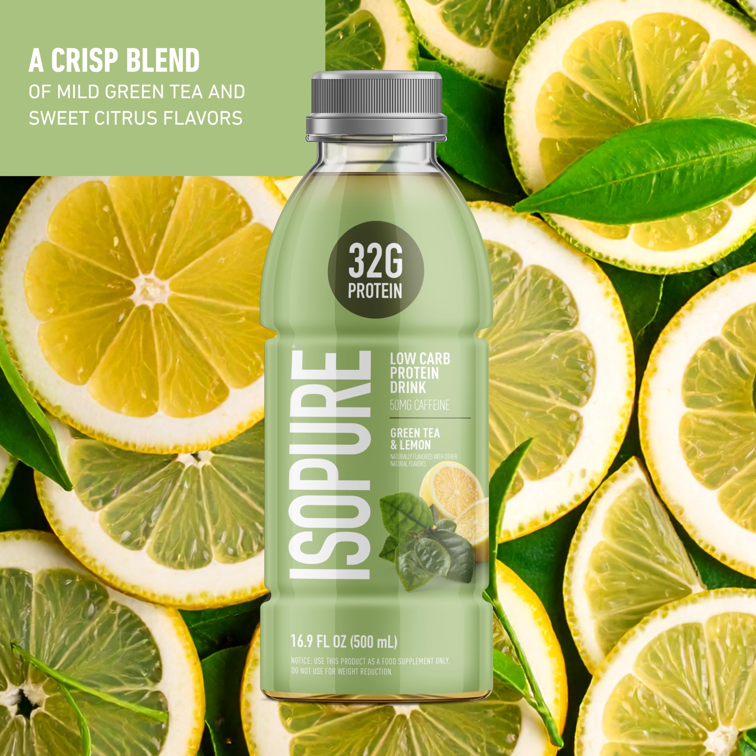 Isopure Green Tea flavor drink in a clear bottle, refreshing protein option.